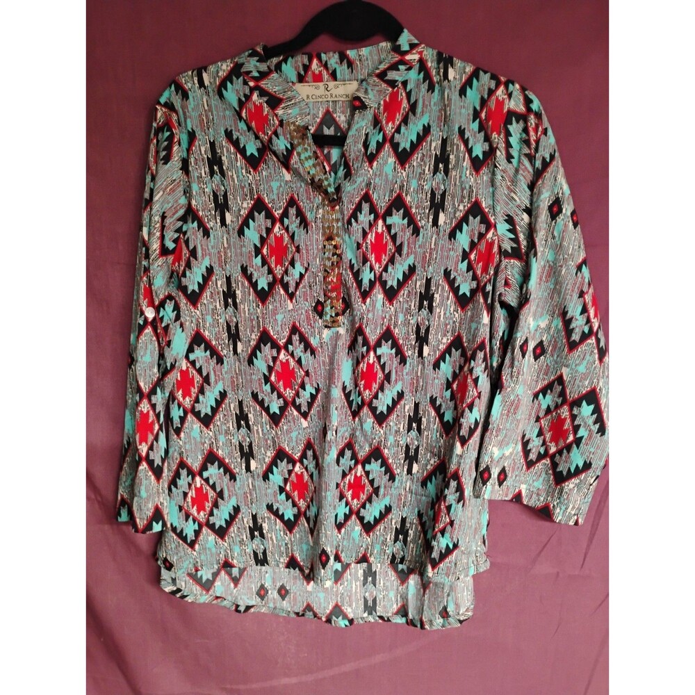 R Cinco Ranch Womens Southwestern Aztec Print Blouse XL